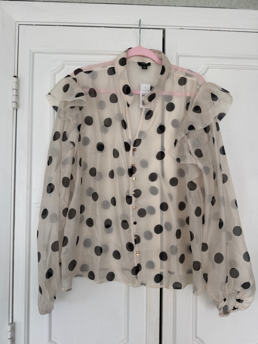 Ann Taylor Sheer Polka Dot Ruffle-Sleeve Blouse - Beige & Black